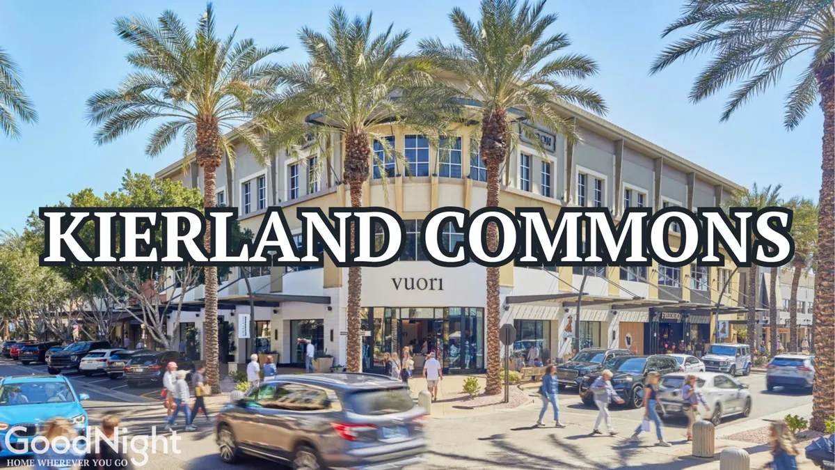 A lively shopping and dining area featuring palm trees, unique storefronts, stylish architecture, and people strolling and socializing under the sun.
