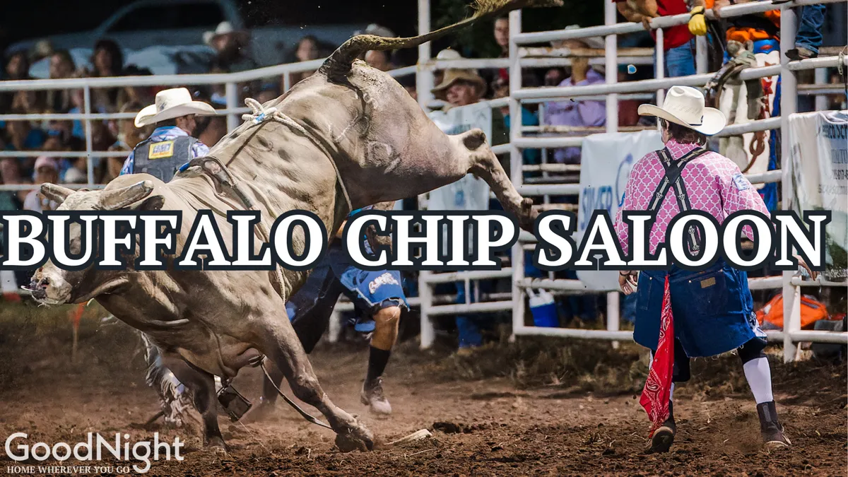 A dynamic exterior scene of a rodeo arena, with a bull rider in action, an enthusiastic crowd, and a classic western saloon banner in the background. The energetic atmosphere reflects the area’s rich local culture and opportunities for thrilling live entertainment.