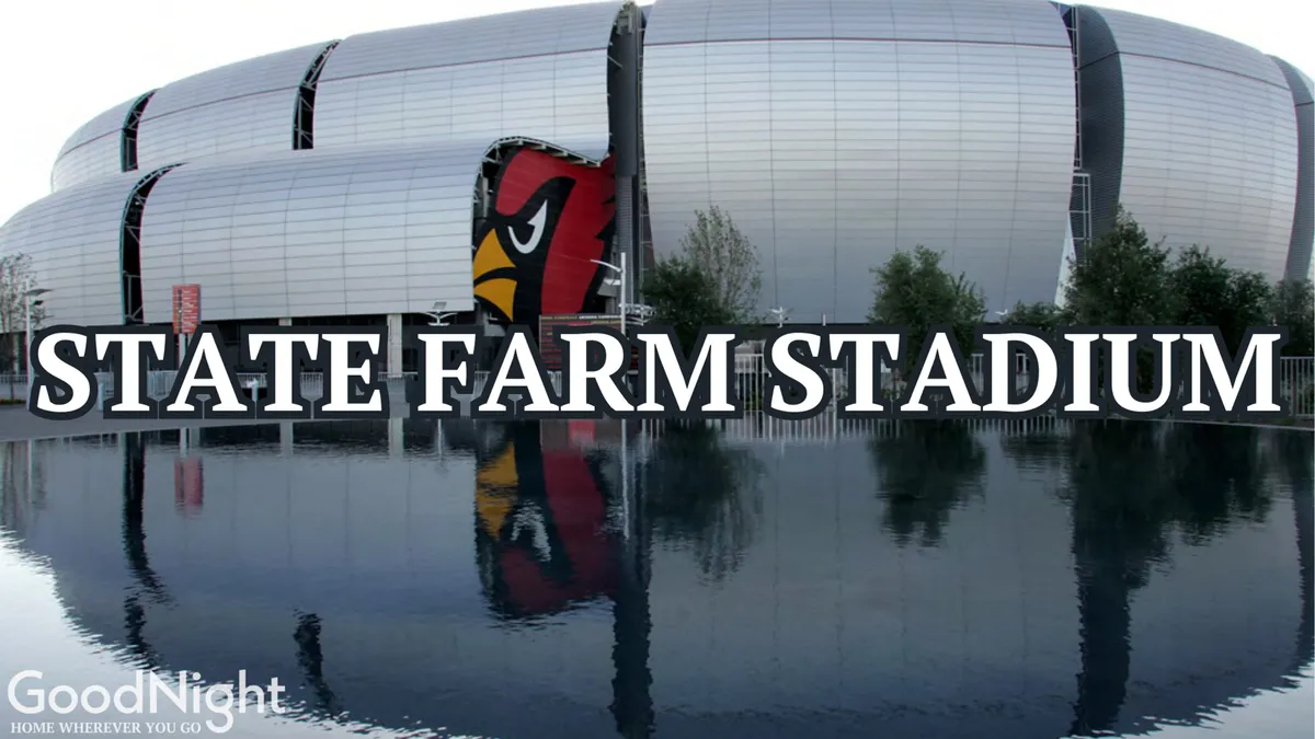 An exterior shot of State Farm Stadium with its reflective water surface and lush greenery in the foreground. The stadium is framed by open skies, suggesting vibrant community events and lively outings in the area.