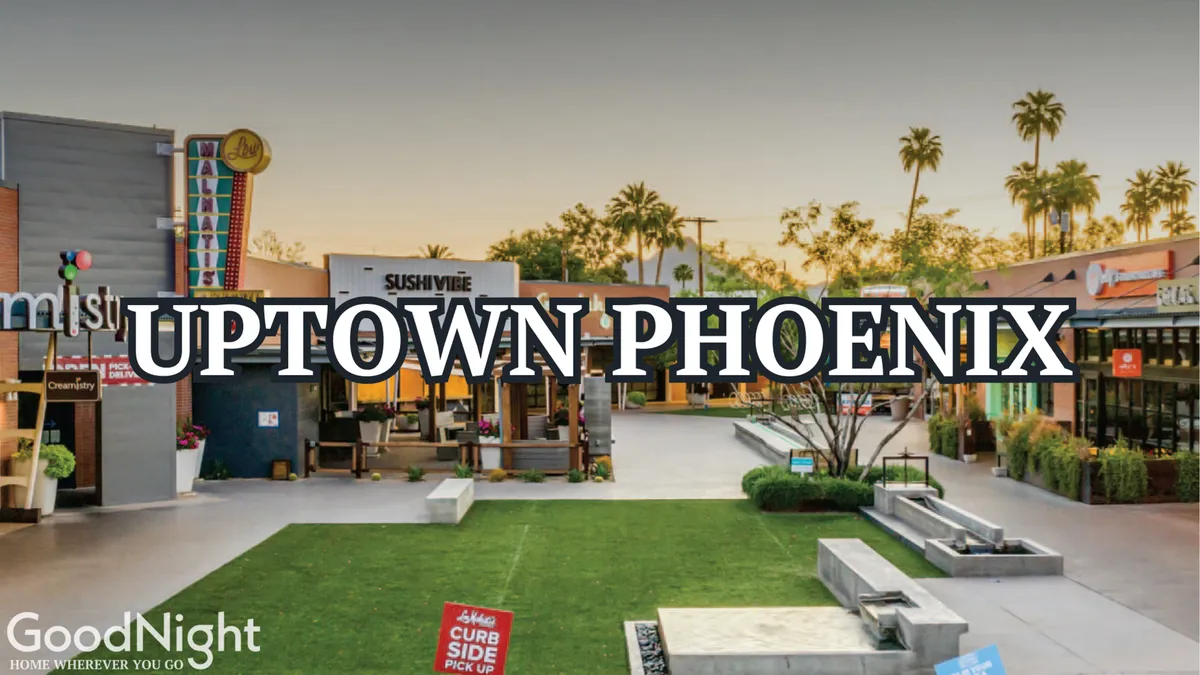 This exterior image features an open green space surrounded by modern architecture, with visible restaurant signage, palm trees, and people enjoying the outdoors. The scene captures a lively communal atmosphere, suggesting opportunities for dining, social gatherings, and relaxation in a vibrant district.