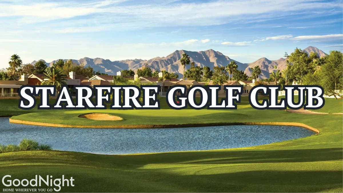 A tranquil golf course set against a backdrop of mountains with a serene lake and a welcoming clubhouse. The setting glows under a warm Arizona sunset, with golfers and visitors enjoying the expansive outdoor space.