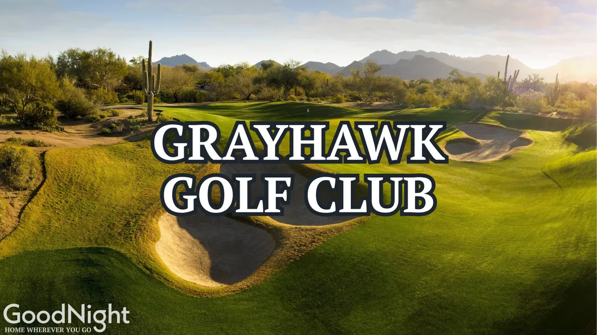 A panoramic view of a lush golf course bordered by sand traps, native cacti, and vibrant green grass with a dramatic mountain backdrop. The golden sunset casts a tranquil glow across the course, inviting golfers and social groups alike.